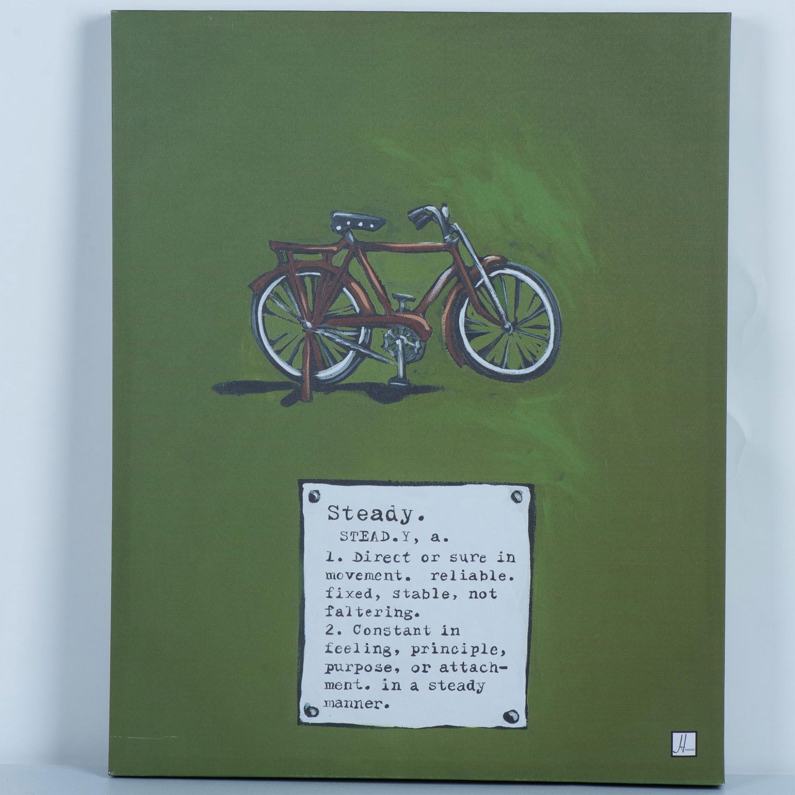 Laura Hescock, Giclee on Canvas Inspirational Wall Art: Color giclee on canvas inspirational wall art from MaryJack Studios after an original by Laura Hescock who painted a brown bicycle on a deep green background with the word Steady and its meaning that