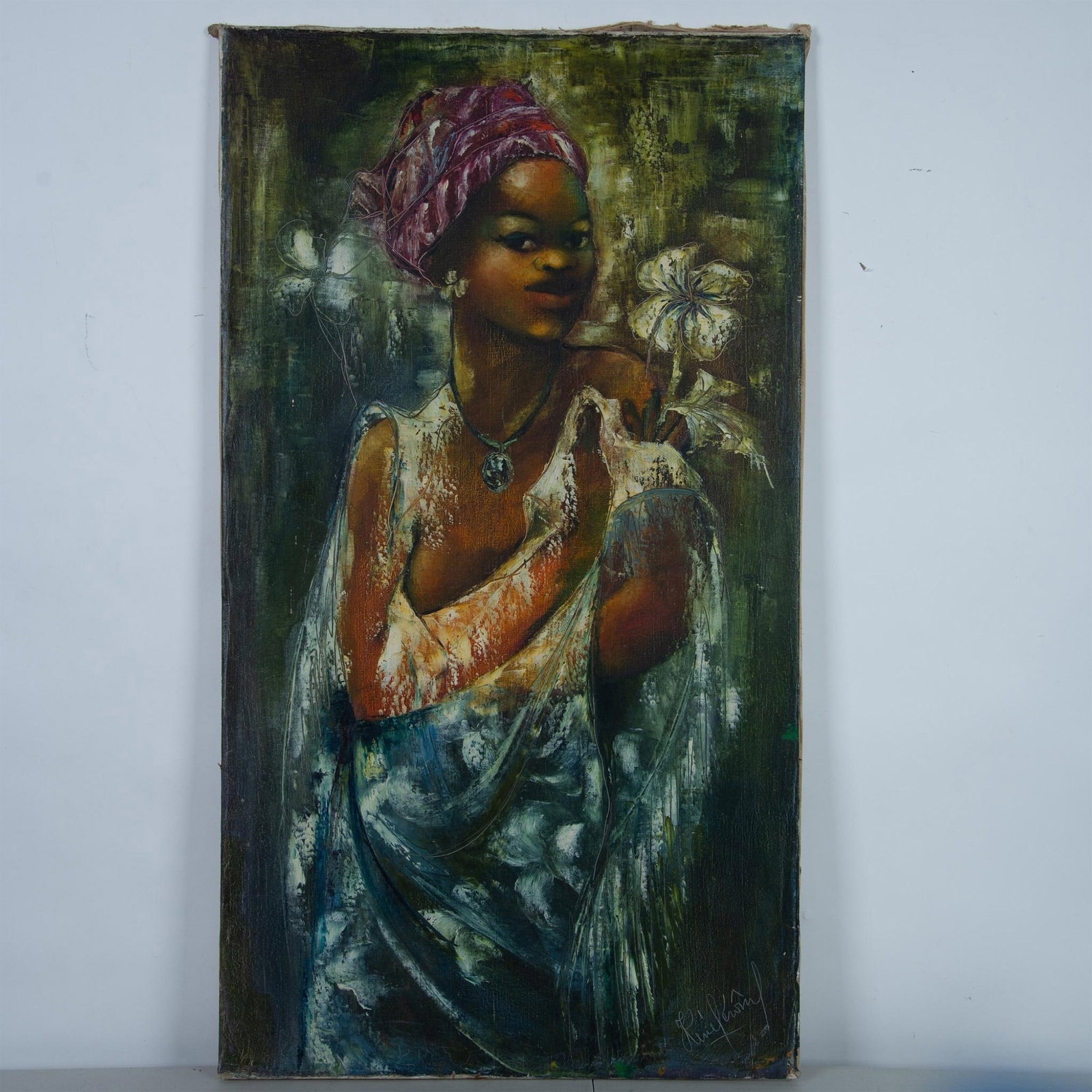 Jean-Rene Jerome, Original Haitian Oil on Canvas, Signed: This splendid original oil on canvas is a portrait by Master painter Jean-Rene Jerome who founded the reputed Haitian School of Beauty in Port-au-Prince in the 1970s. Jerome's specific style is visibl