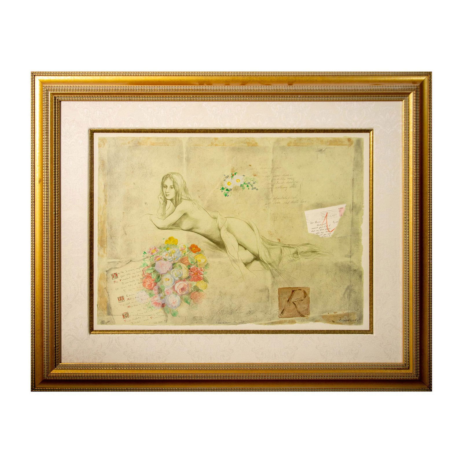 Martin Broadbent (English, b. 1944) Color Serigraph, Signed: Color serigraph entitled "Pensees de Jour" that depicts a reclining nude lost in her thoughts. Martin Broadbent made a collage of written love notes with a large bouquet of pastel color flowers by the