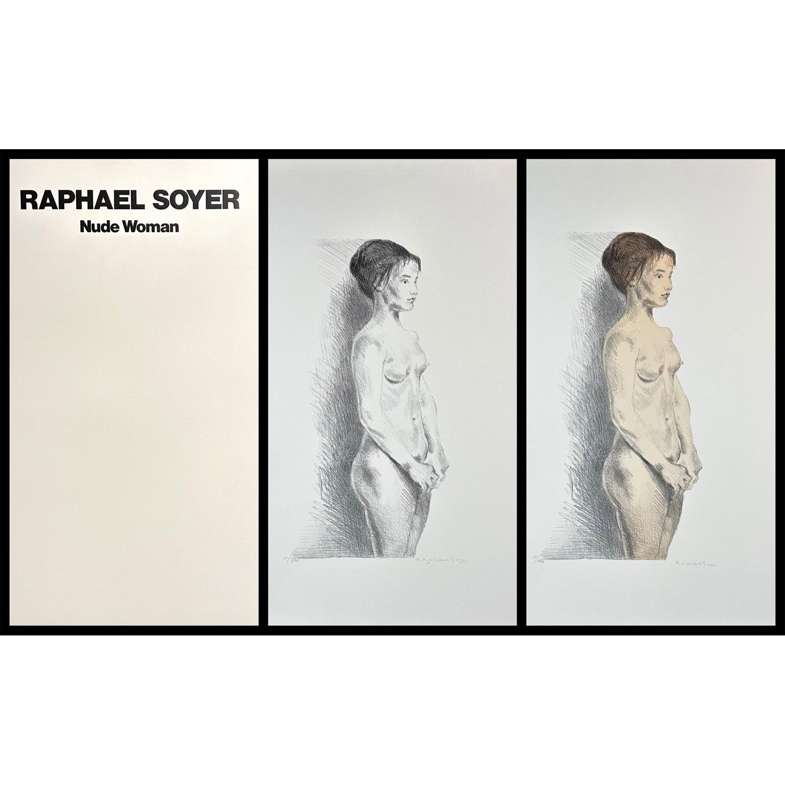 Raphael Soyer (American 1899-1997) 2 Lithographs Nude Woman Portfolio signed: 2 Lithographs, 1 printed in color and 1 printed in black and white titled Nude Woman Portfolio Each lithograph is Signed lower right Each lithograph is numbered 101/300 Sight size 21.5" x 29.5" each p