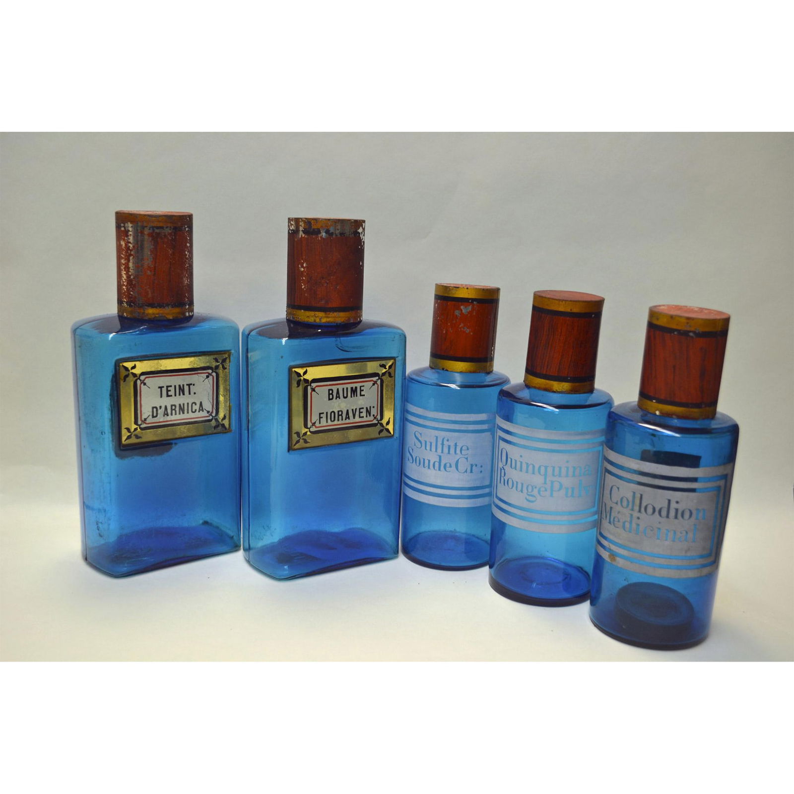 5Pc Antique Pharma Blue Glass Bottles, Labeled, W/Tops (1 of 4)