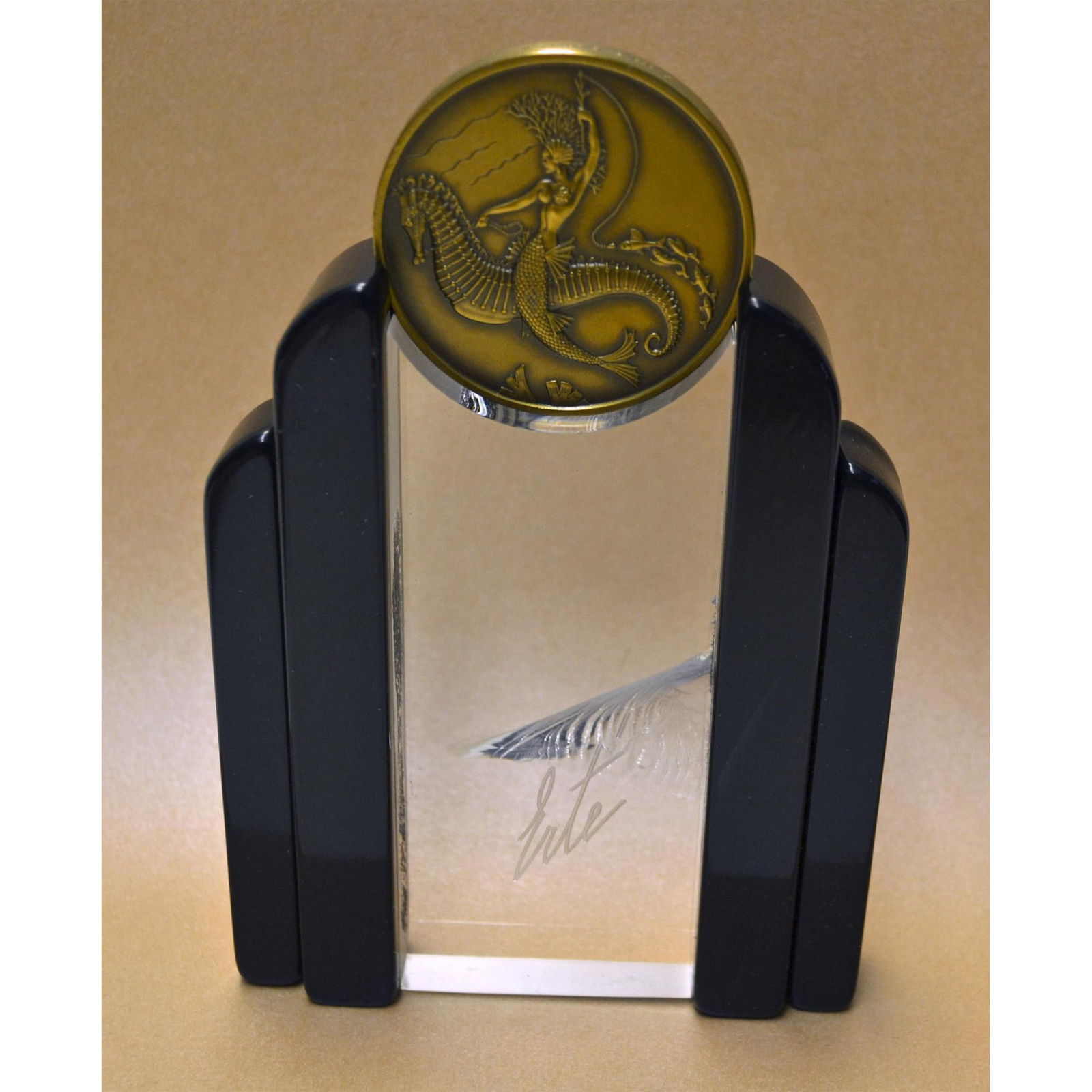 Erte Two Sided Bronze Medallion "Seahorse" W/Lucite Stand (1 of 5)