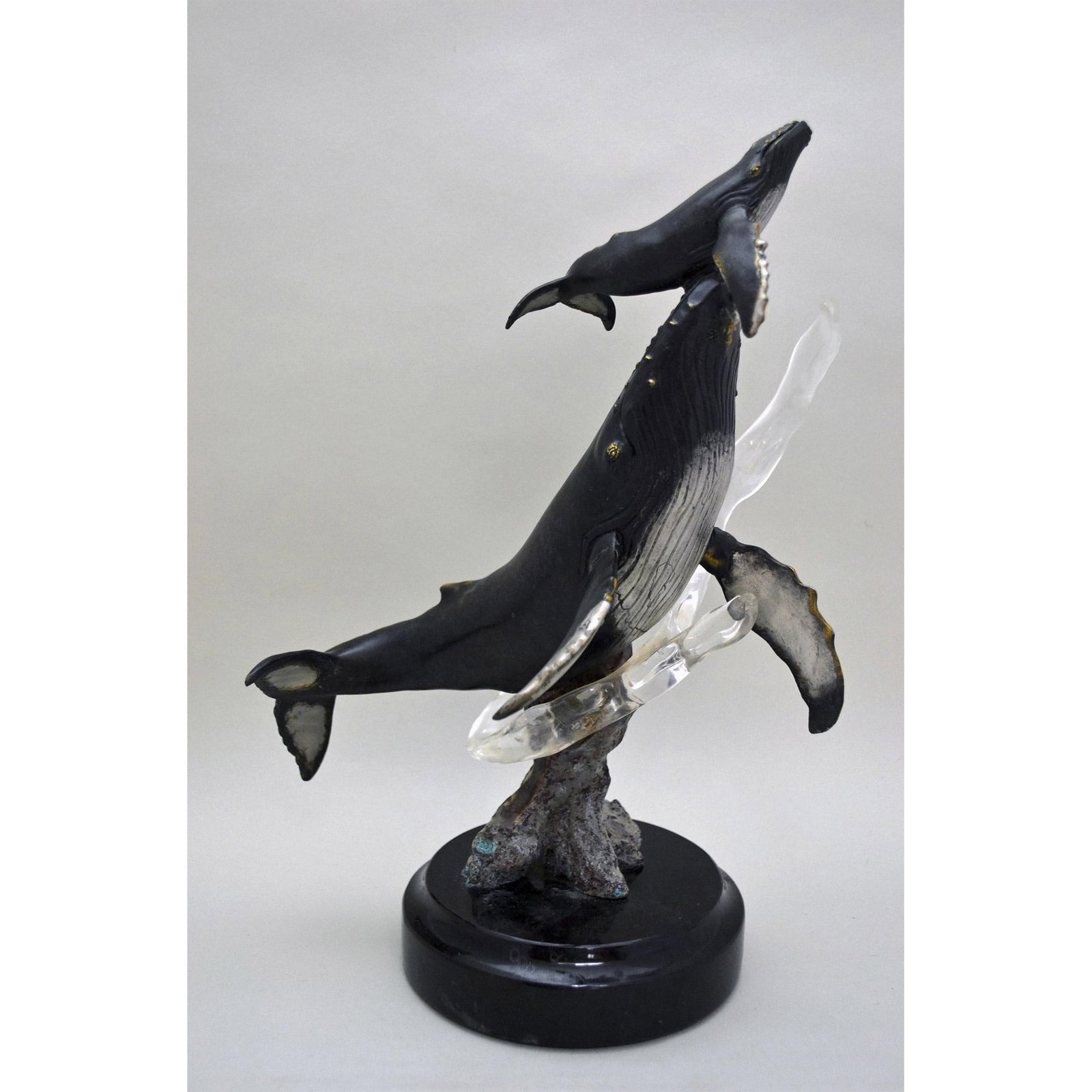 K. Cantrell Legends Bronze Sculpture Mother Whale & Calf: Kitty Cantrell, Celebrated Artist for Genesis by Legends Mixed Media Sculpture "Bringing Up Baby" Mother Whale and Calf. A Vintage, Limited Edition Bronze in Mixed Media Sculpture with Lucite for Acce