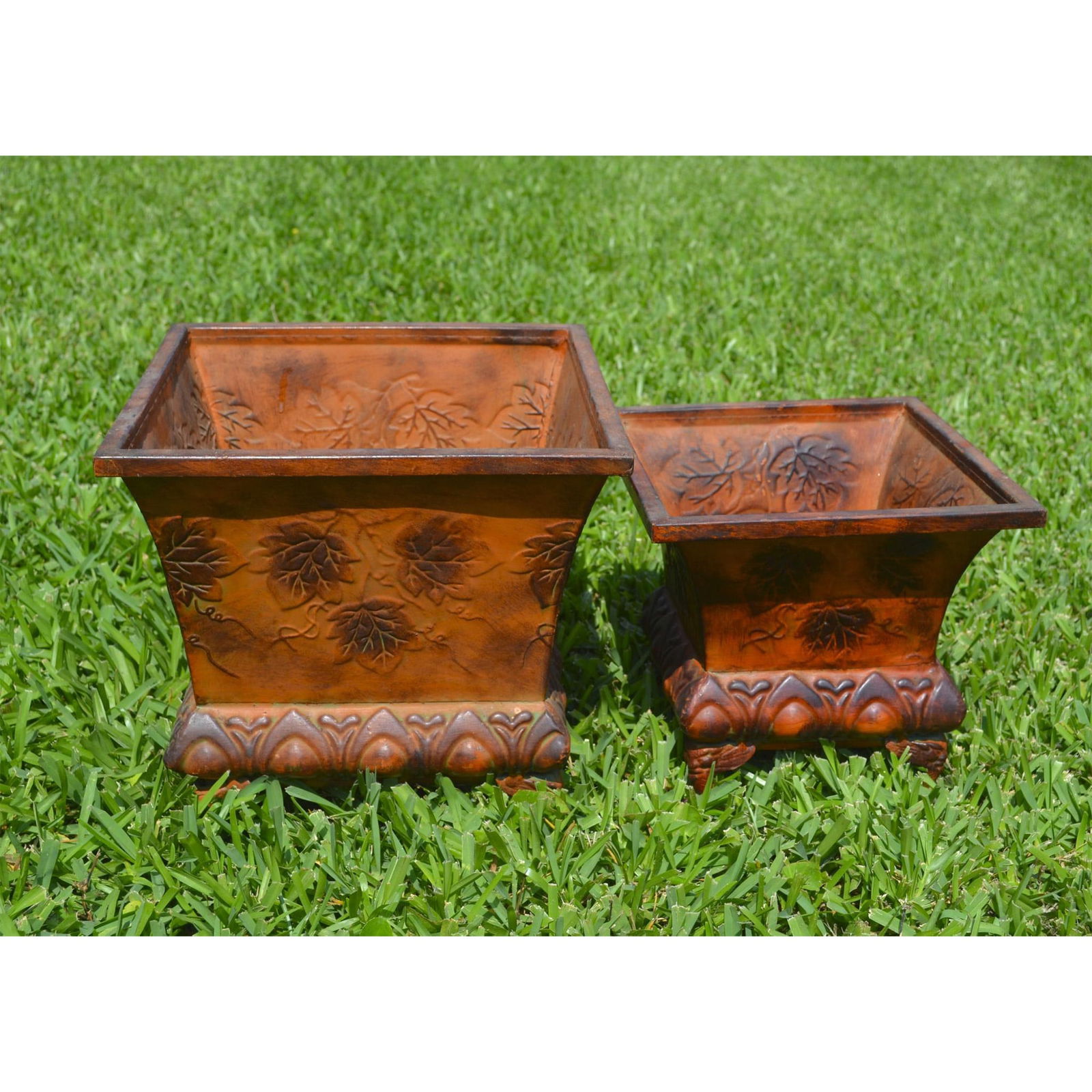 2Pc Collection of Rust Iron Square Planters WLeaf Detail (1 of 2)
