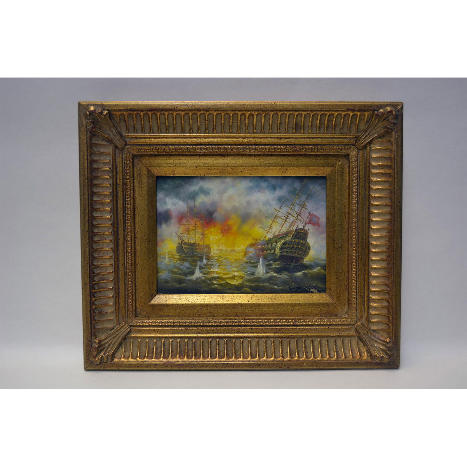 Original Oil Painting Two Ships at Sunset, W/Frame (1 of 2)