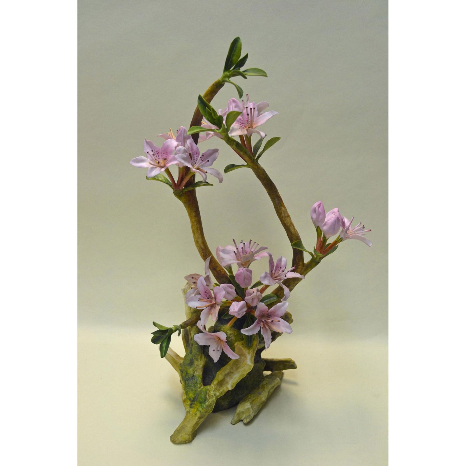 Connoisseur Porcelain Floral Azaleas Centerpiece Model AP ProtoType: English Fine Bone China, Bisque Decorated. Hand created, hand painted by the Connoisseur Studio Artists, featuring the Pink Floral Azaleas Centerpiece with Green Leaves. A Sample AP Model Prototype. H