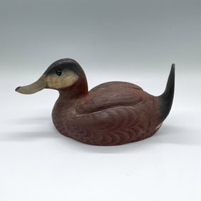 Vintage B.T. Carved Wood Decoy Duck, Ruddy, Signed