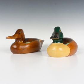 Pair of Carved Wood Decoy Ducks, Northern Shoveler, Signed