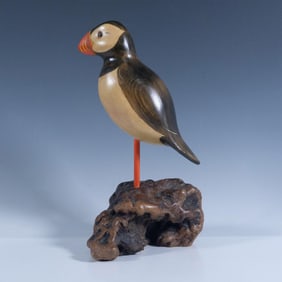 Puffin Wood Carving on Driftwood Mount