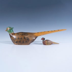 2pc Hand Carved Wood Pheasants