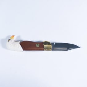 Franklin Mint Patriotic Eagle Pocket Knife Onyx/Gold/Wood
