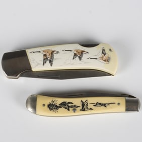2pc Scrimshaw Folding Pocket Knives, Schrade and Sabre
