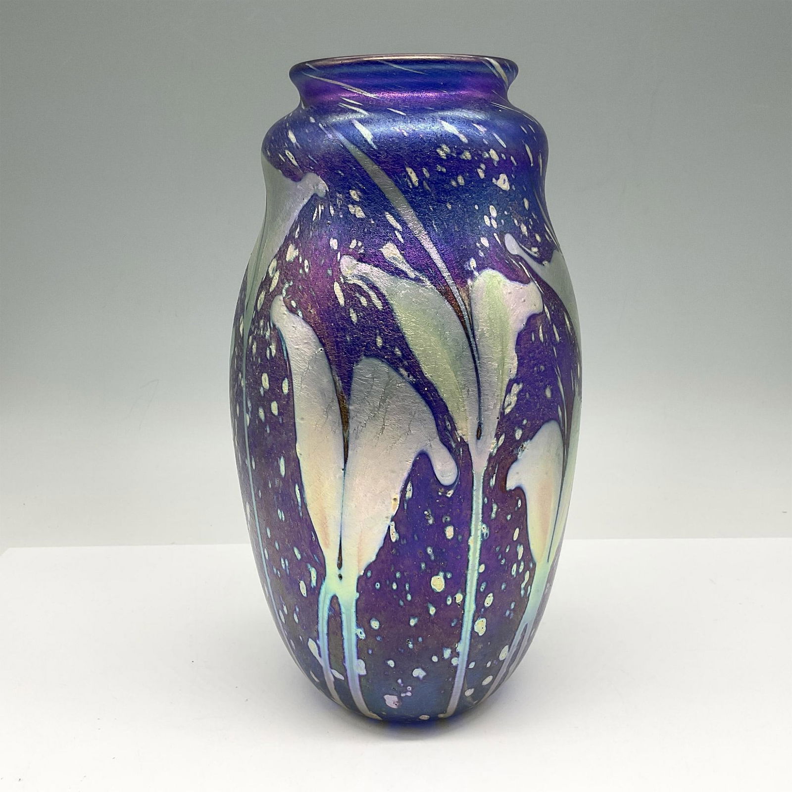 Charles Lotton Art Glass, Blue Iridescent Leaf Vase (1 of 4)
