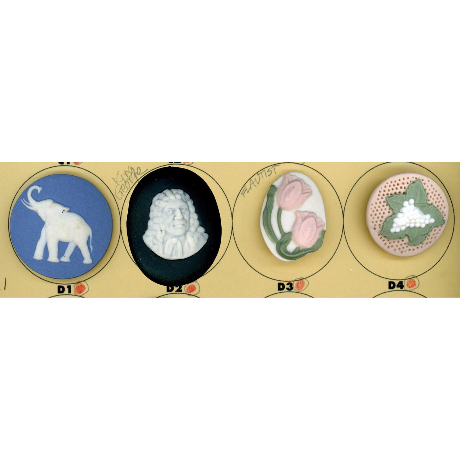 A small card of division 3 Jasperware pictorial buttons: 4 Large 20th century Rzanski/Shaw buttons including animals. Issued: DIVISION 1=PRE 1918 AND DIVISION 3 IS AFTER 1918 Dimensions: SM=Less than 3/4", Medium=3/4" to 1 1/4". Large=1 1/4" and above, extr