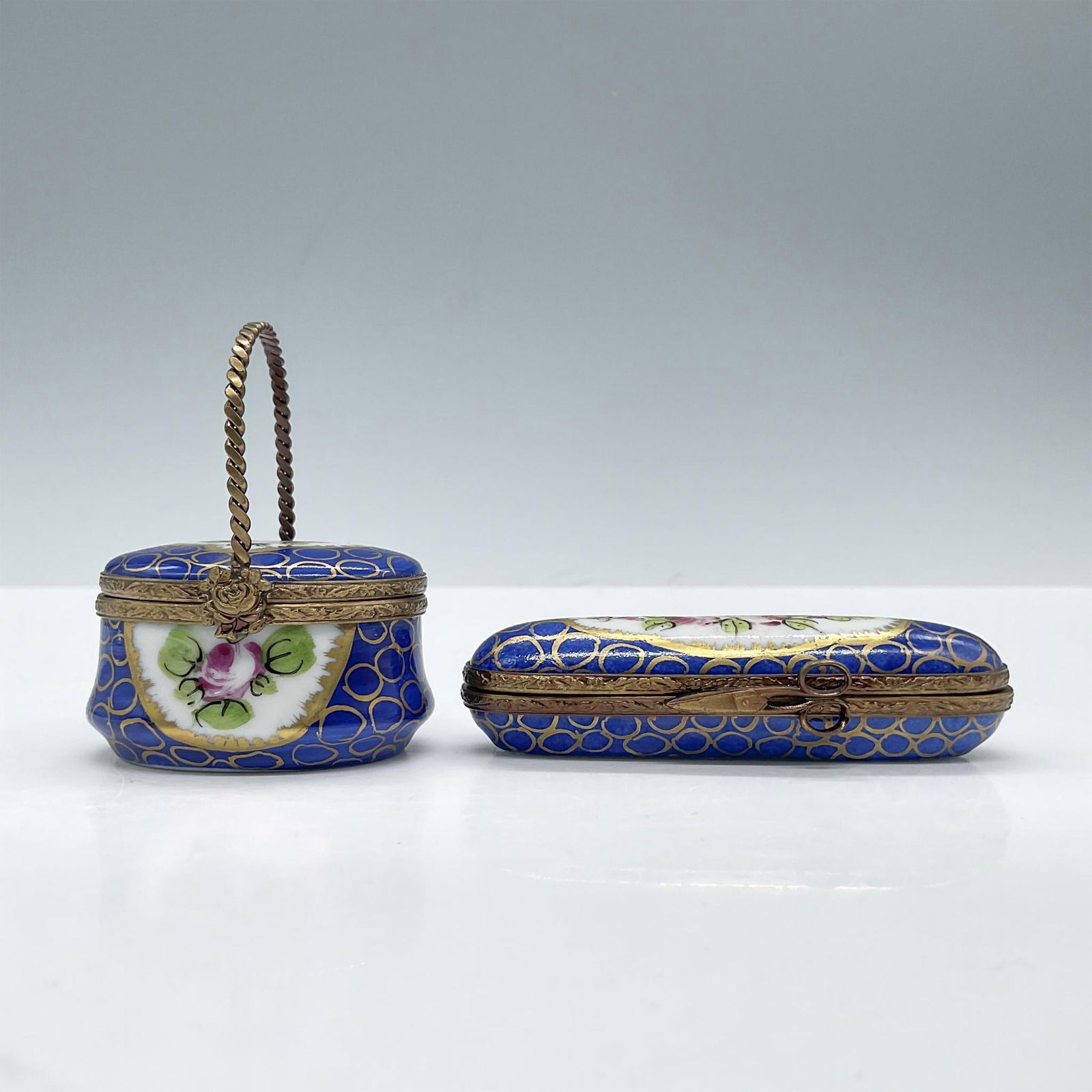 2pc Limoges Porcelain Treasure Boxes, Blue Trims and Flowers (1 of 4)