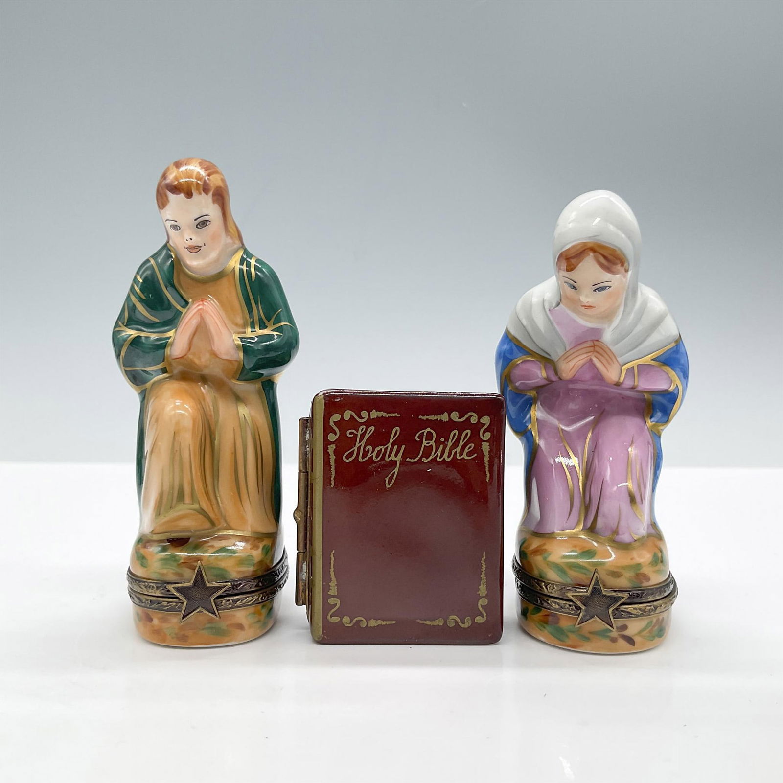 3pc Limoges Porcelain Treasure Boxes, Holy Bible Mary Joseph (1 of 3)