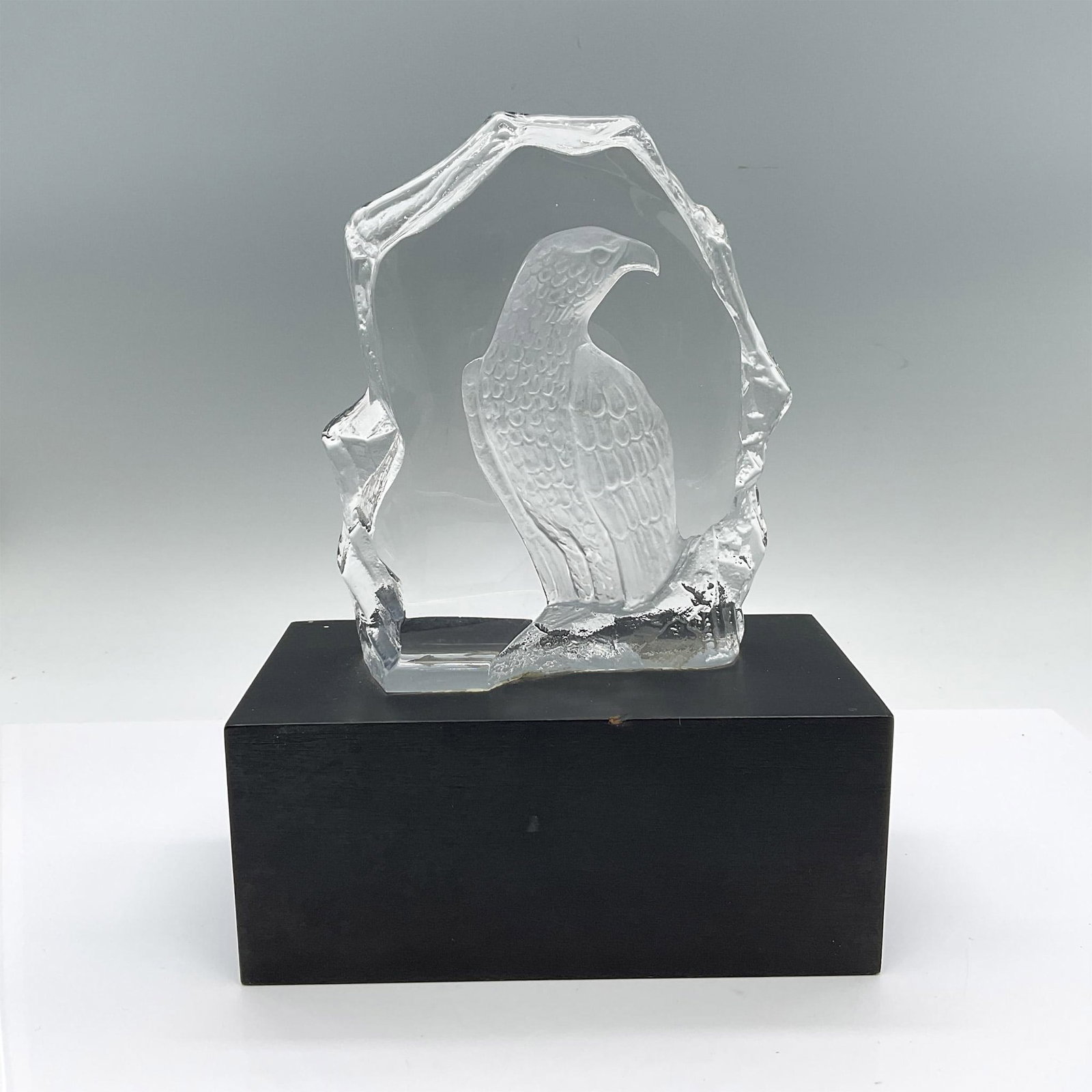 Mats Jonasson Style Crystal Eagle Plaque: Engraved clear lead crystal depicting a frosted eagle. Placed on a black wood base. Dimensions: 7"L x 3.75"W x 9.25"H