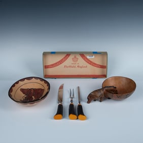 5pc Safari Themed Stainless Steel Serving Set & Wooden Bowls