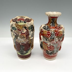 2pc Japanese Satsuma Ceramic Vase & Urn