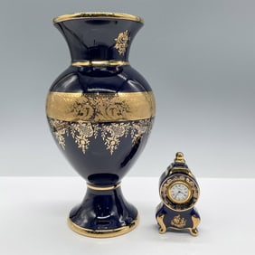 2pc Imperial Limoges Porcelain Vase and Clock, 22K Gold