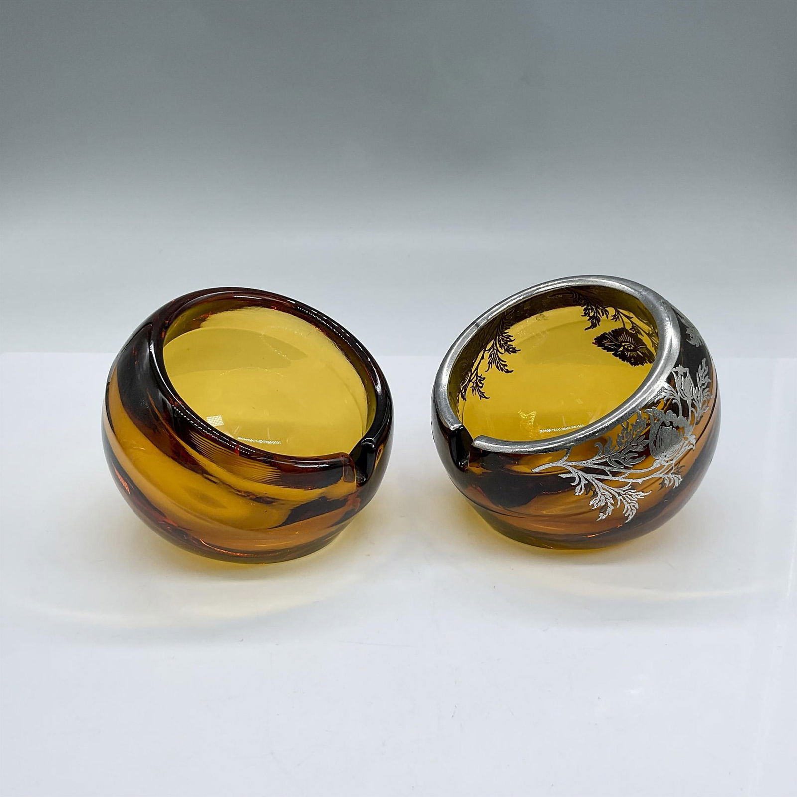 2pc Amber Glass Ashtrays, One With Silver Floral Overlay (1 of 4)