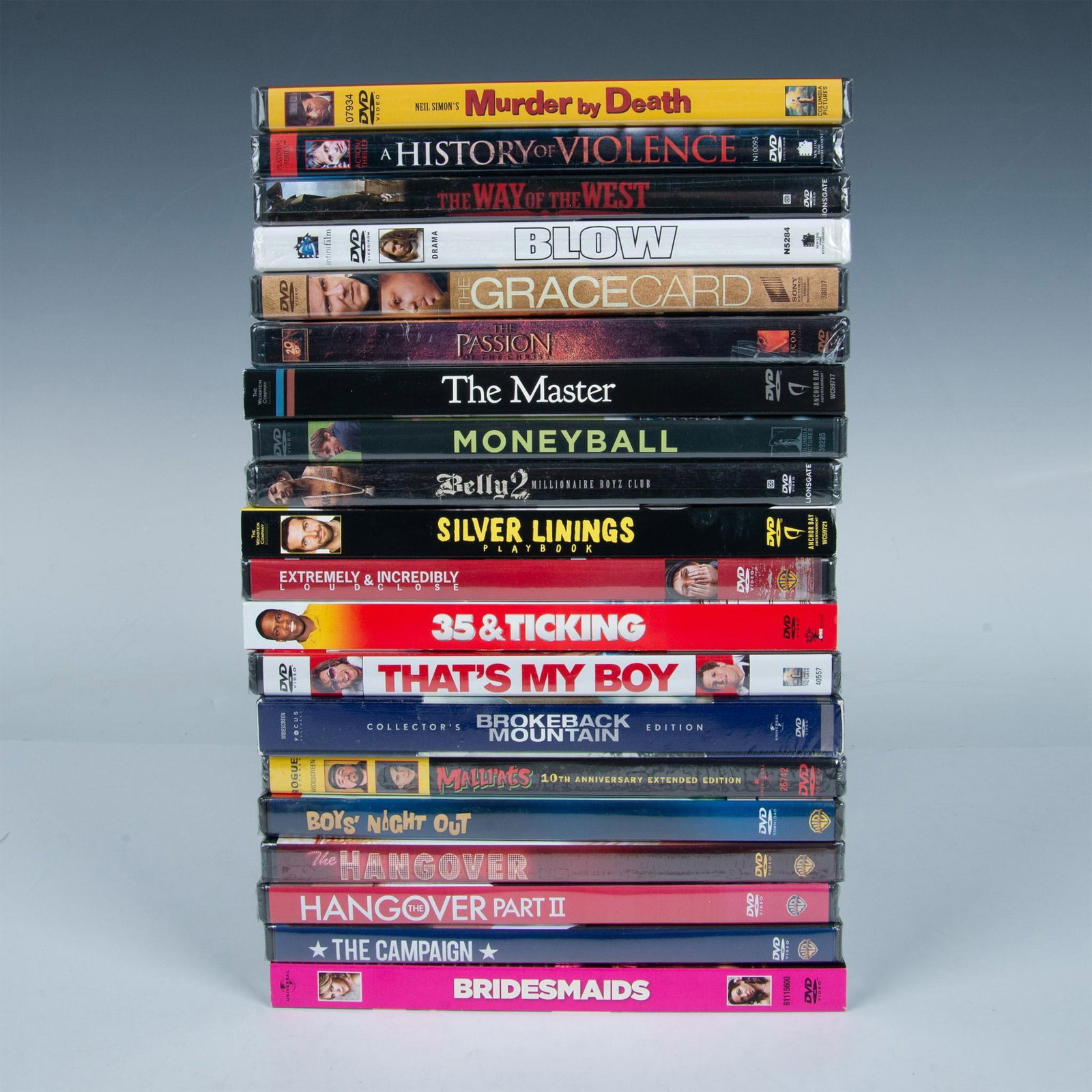 20 Sealed Action, Comedy And Drama DVD Movies: A little bit of comedy, narcotics and romance can be found in this group of films. All are Region 1 compatible with mostly R ratings. Stack measures 5.5"L x 7.75"W and 11.75"H. Includes: 35 And Tickin
