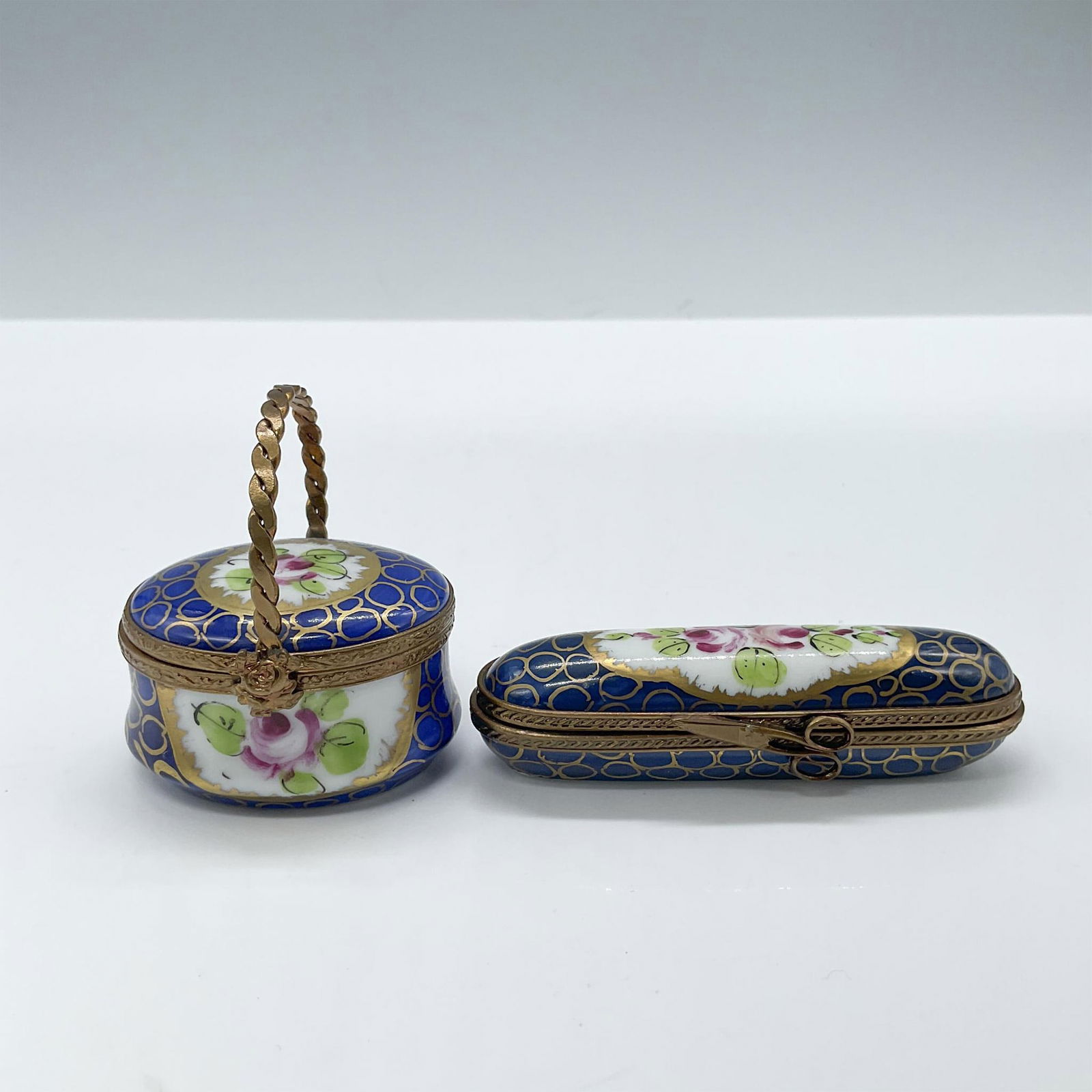 2pc Limoges Porcelain Treasure Boxes, Blue Trims and Flowers (1 of 4)