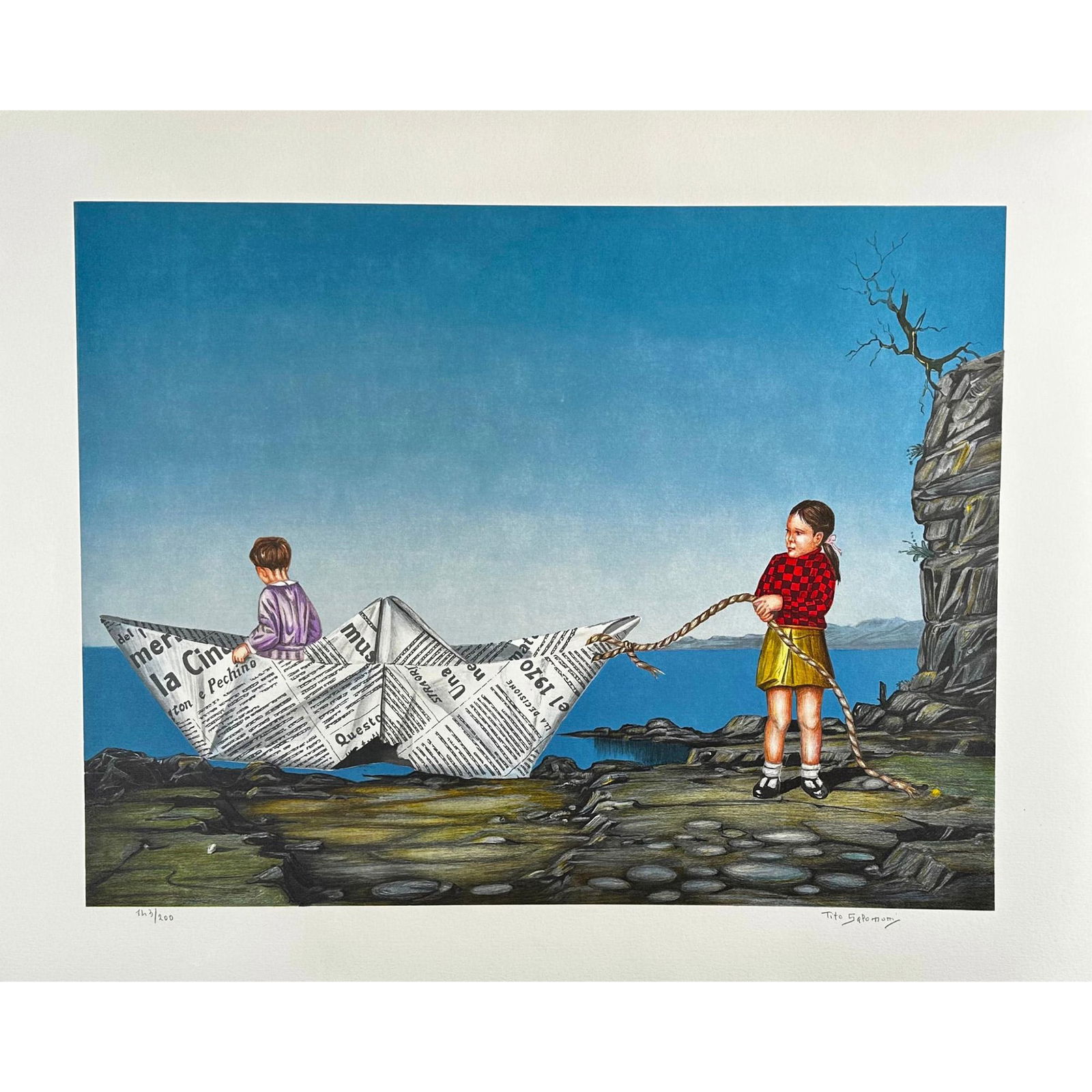 Tito Salomoni (Italian 1920-1989) Lithograph Toy Boat Signed: Lithograph titled Toy Boat Signed lower right numbered 143/200 Sight size 27" x 22.5"