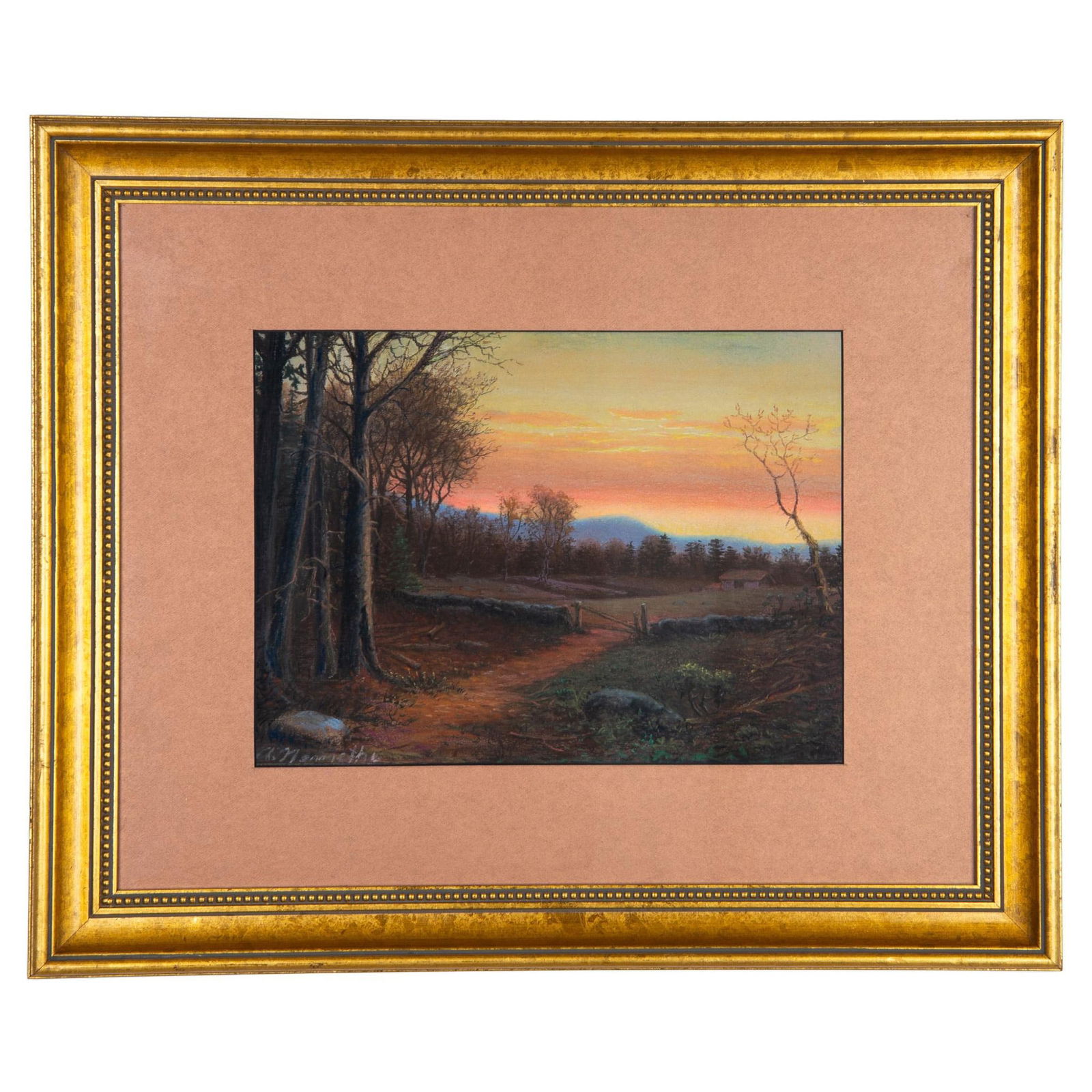 Original Pastel on Paper, Landscape with Sunset, Signed (1 of 4)