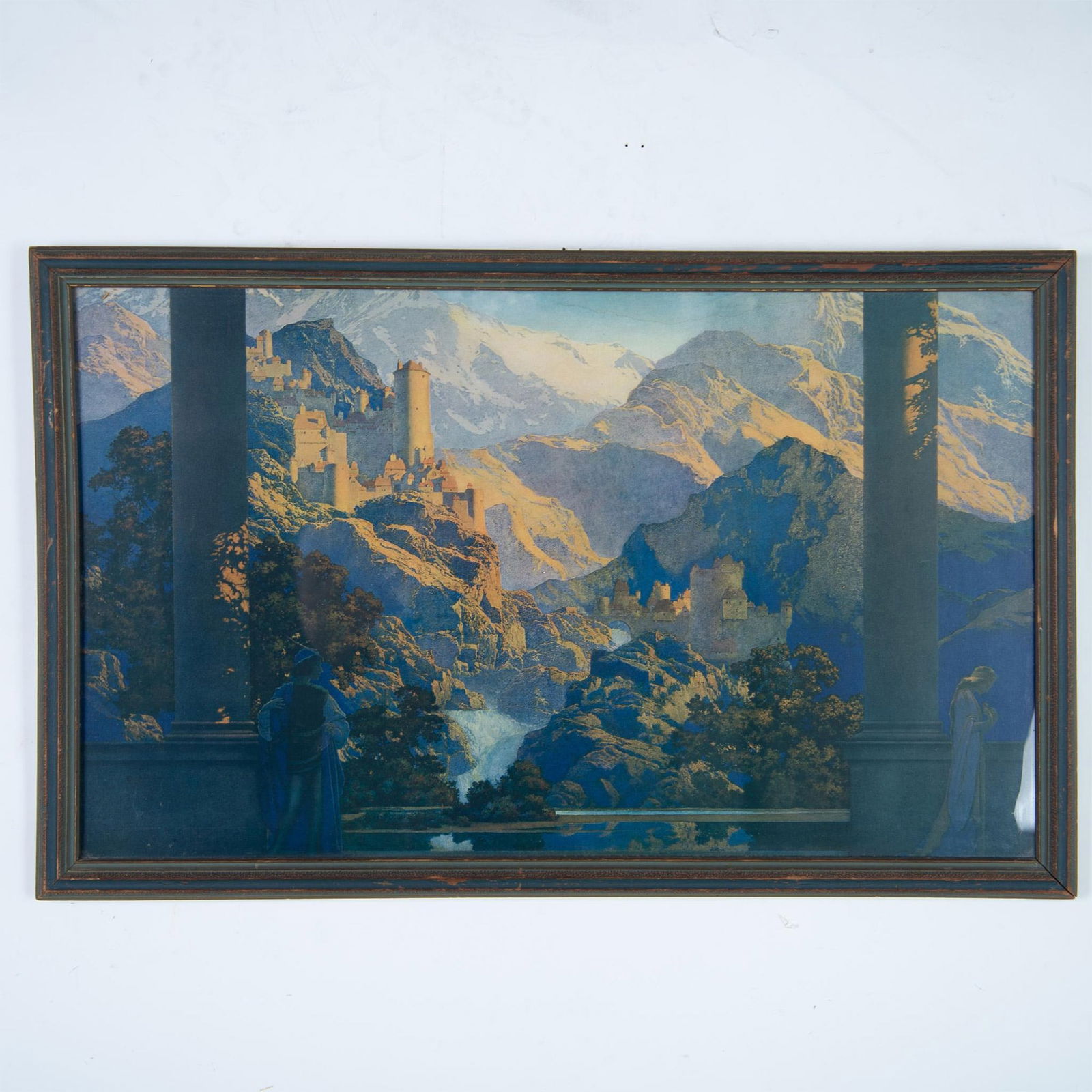Maxfield Parrish, Framed Antique Print on Paper, Romance: Romance is a beautifully colored antique print on paper published by The House Of Art, NY after American Golden Age artist Maxfield Parrish's original. Housed in the original carved wood frame. Sight