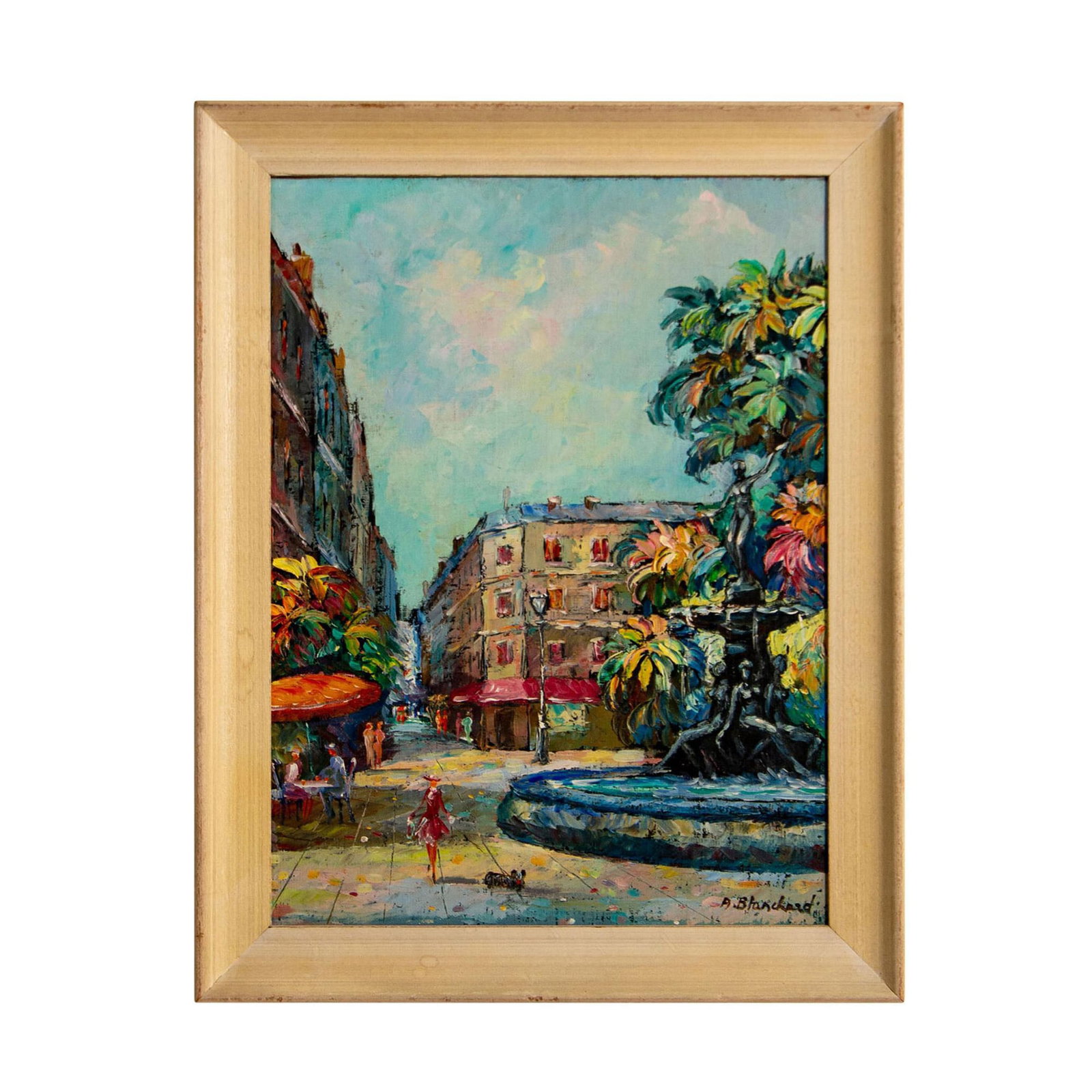 In the Style of Antoine Blanchard, Oil Painting on Board: City Landscape. European Street View. Artist signed lower right. Measures 18.5" x 14.5" including frame, 15.5" x 11.5" image only.