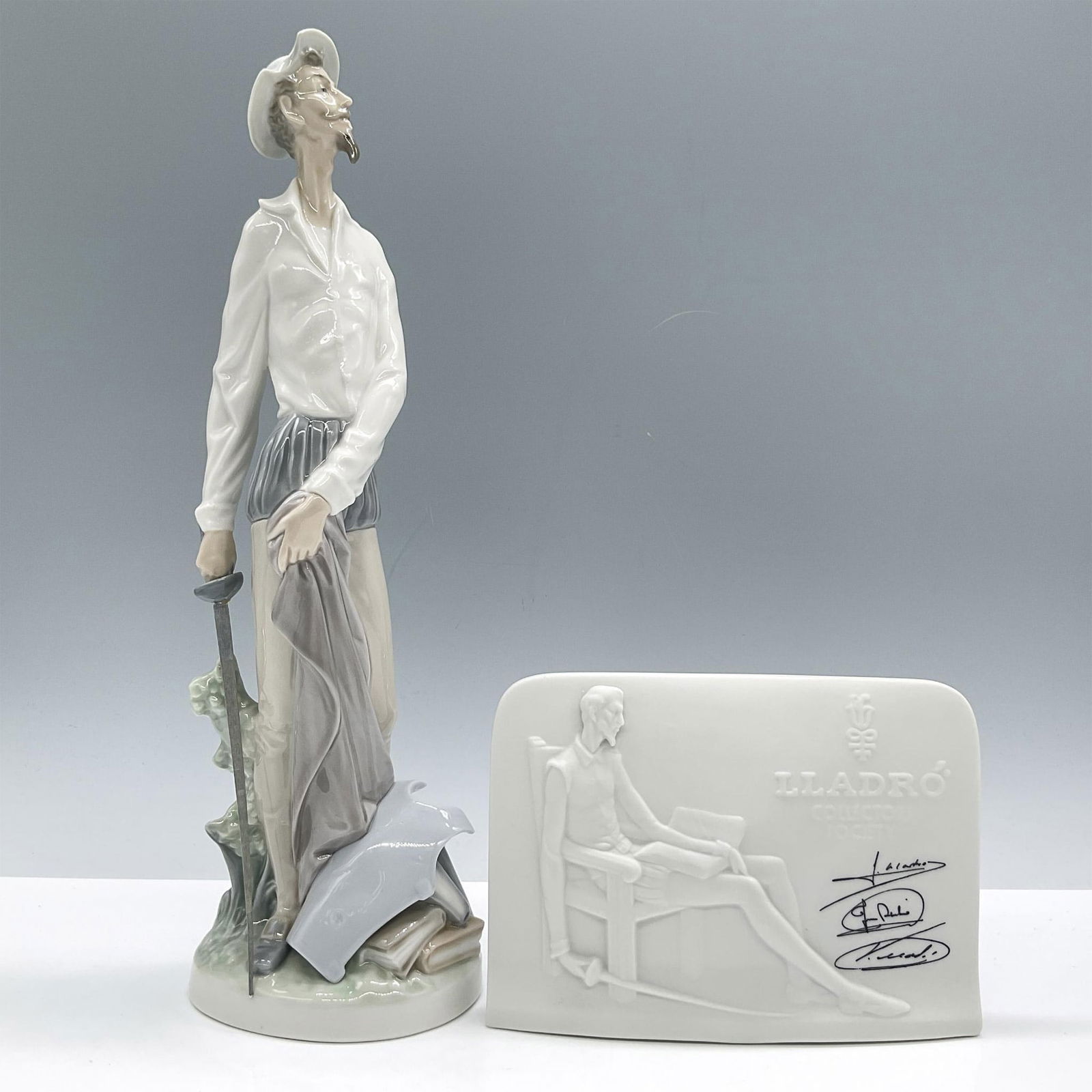 2pc Lladro Porcelain Figurine, Quixote Standing Up + Plaque (1 of 3)