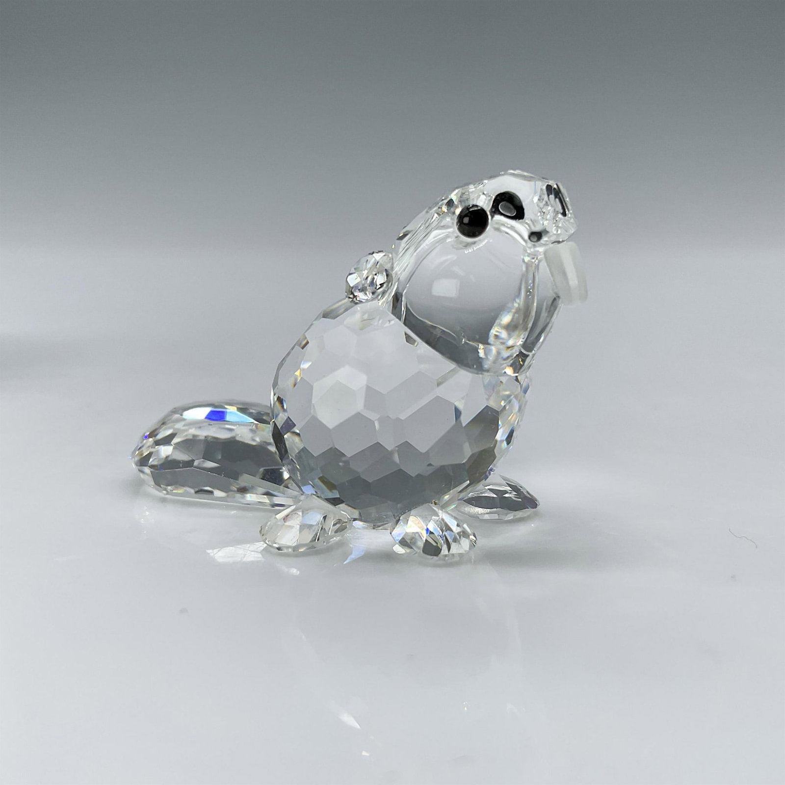 Swarovski Crystal Figurine, Beaver Baby Sitting 164638: This crystal beaver is made from clear crystal, has black eyes and frosted teeth and belongs to the Endangered species group. Swarovski backstamp on the bottom. This item has its original box which me