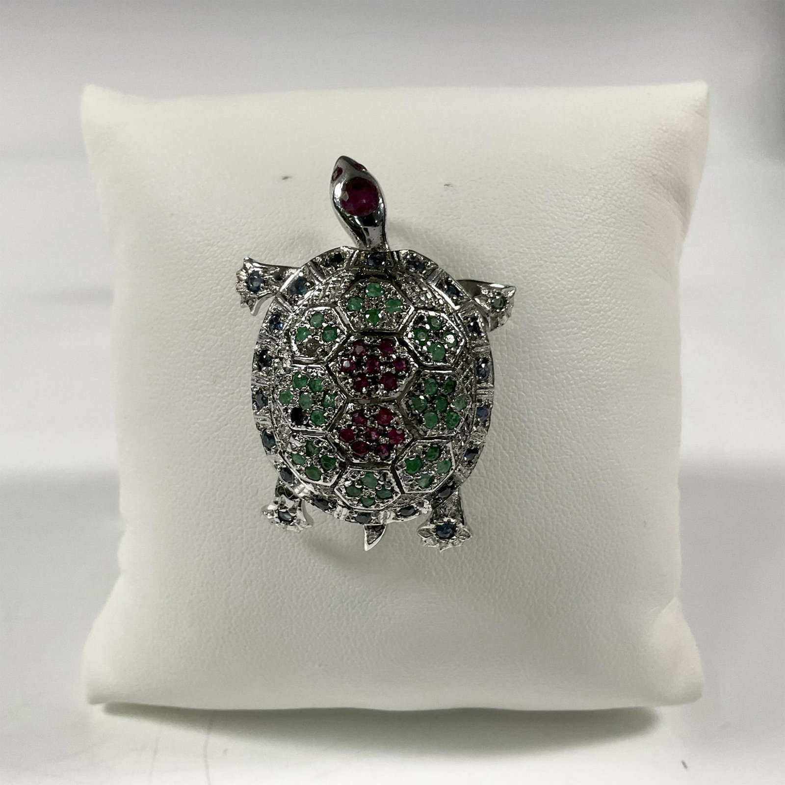 Emerald, Ruby, Sapphire, and Sterling Turtle Pendant Brooch (1 of 4)