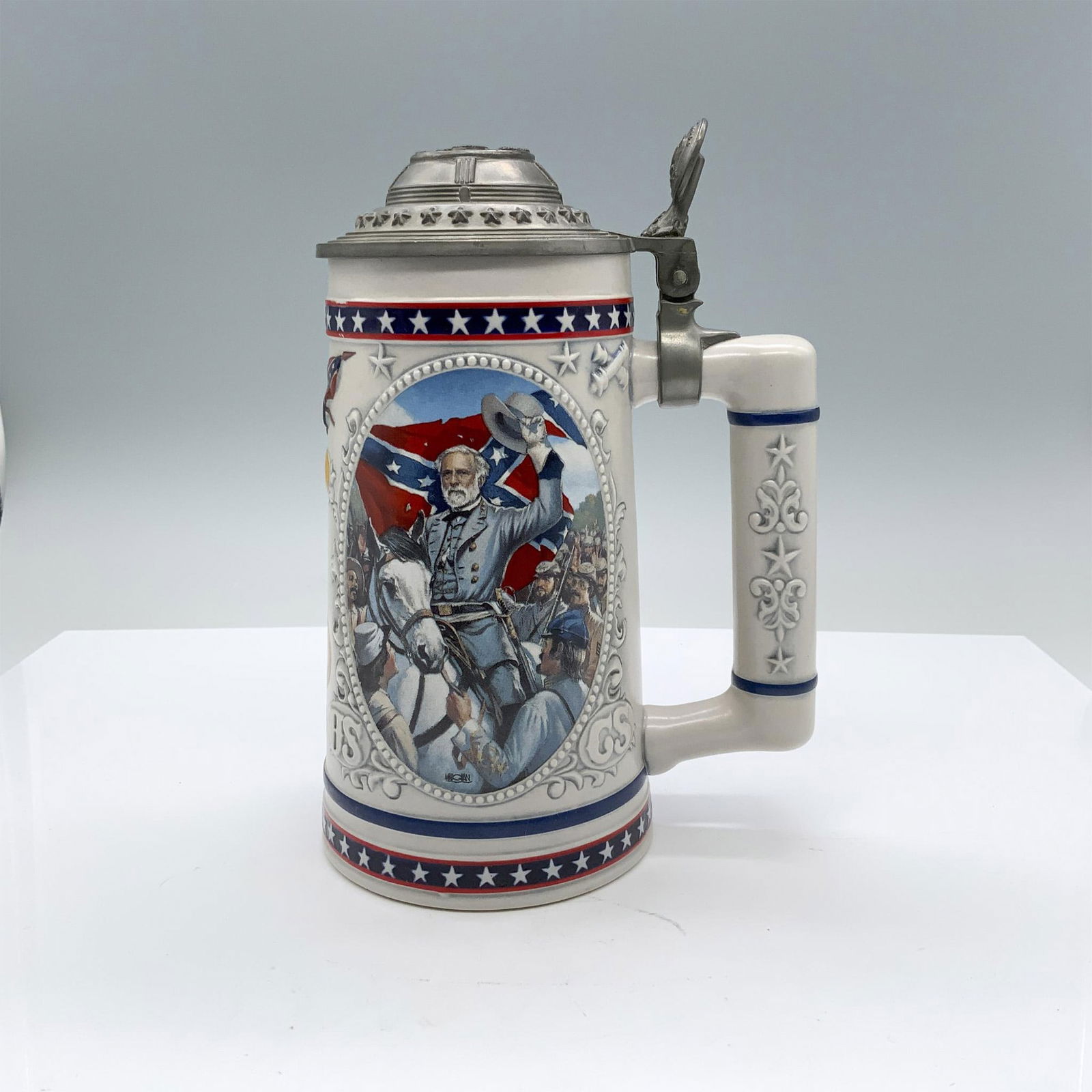 Longton Crown Stoneware Beer Stein, Robert E. Lee: First in the Heroes of the Civil War Tankard Collection. Robert E. Lee - Valiant Virginian was designed by William Maughan (American, b. 1946). Features the Confederate general's portrait on one side