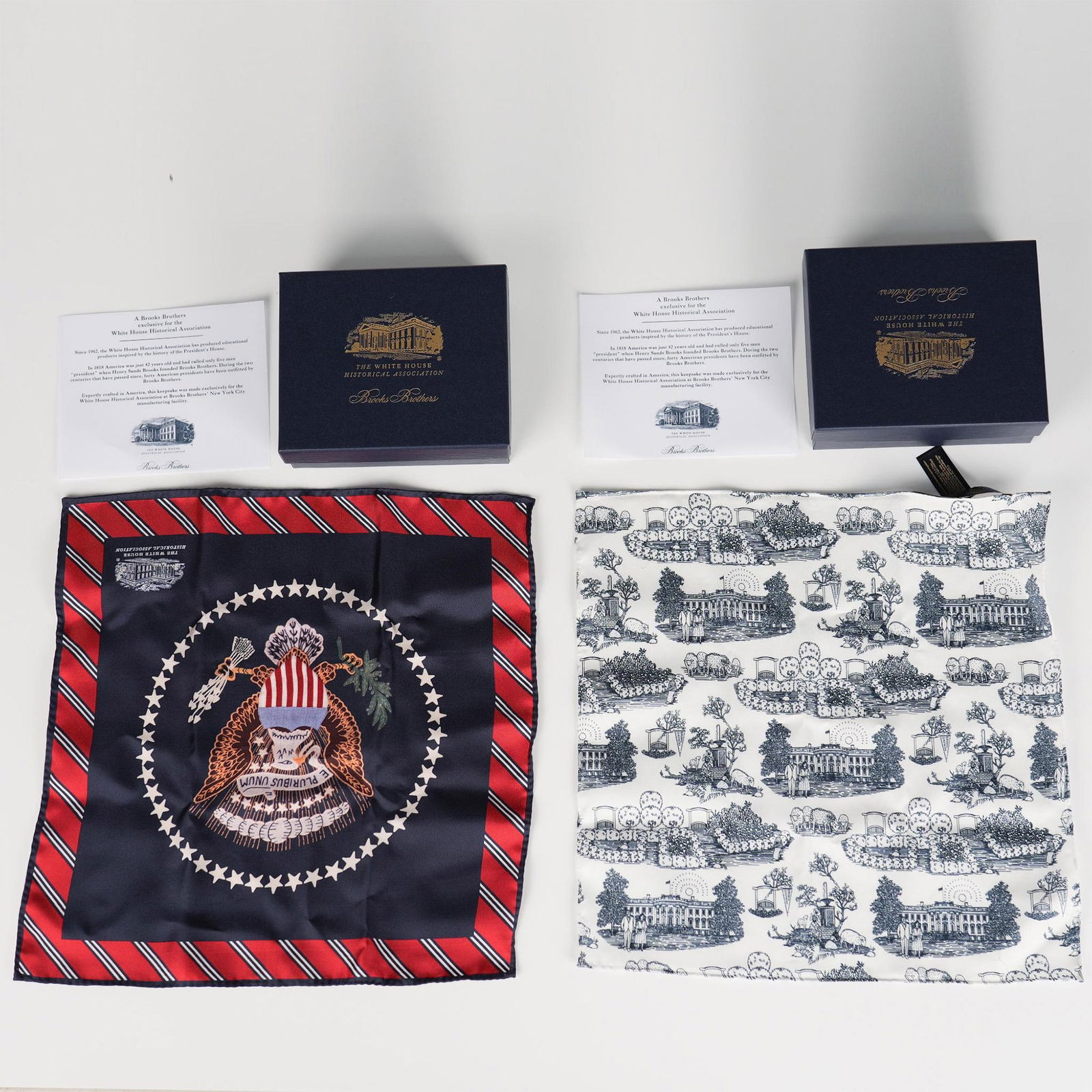 2pc Brooks Brothers White House Historical Pocket Squares: This pair of pocket squares are produced in partnership with the White House Historical Association and Brooks Brothers. The square with the seal of the President is made of silk, the other square fea