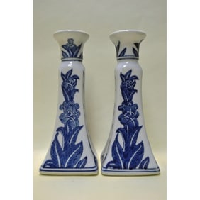 Seymour Mann Porcelain Blue and White Candle Holders, Pair
