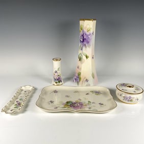 5pc Willets Belleek Hand Painted Vase and Vanity Set, Signed