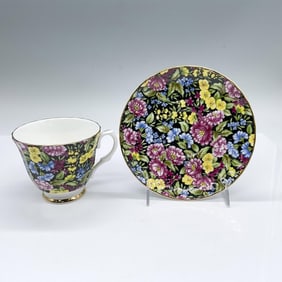 2pc Bethany Bone China Black Floral Tea Cup and Saucer