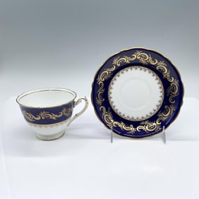 2pc Royal Cauldon Bone China Gilded Blue Tea Cup and Saucer