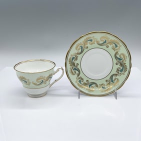 2pc Royal Cauldon Bone China Green Gilded Tea Cup and Saucer