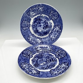 2pc Flow Blue Oriental Porcelain Plates