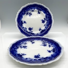 2pc Antique Johnson Bros. Flow Blue Clayton Porcelain Plates