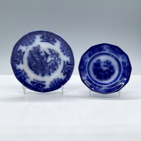 2pc Amoy & J. Heath Flow Blue Porcelain Dishes