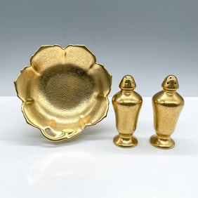 3pc Pickard Gilt Porcelain Salt & Pepper Shakers + Dish