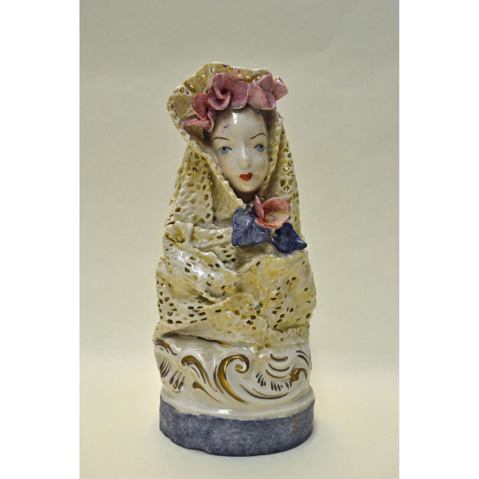 Cordey Porcelain Lady Bust W/Lace & Roses: Bisque Glazed Porcelain, hand created, hand painted by Bolesaw Cybis. Early and Rare featuring a Lady Figurine Bust fully covered in a Lace Veil with Pink Roses in her Hair, Veil and under her neck, h