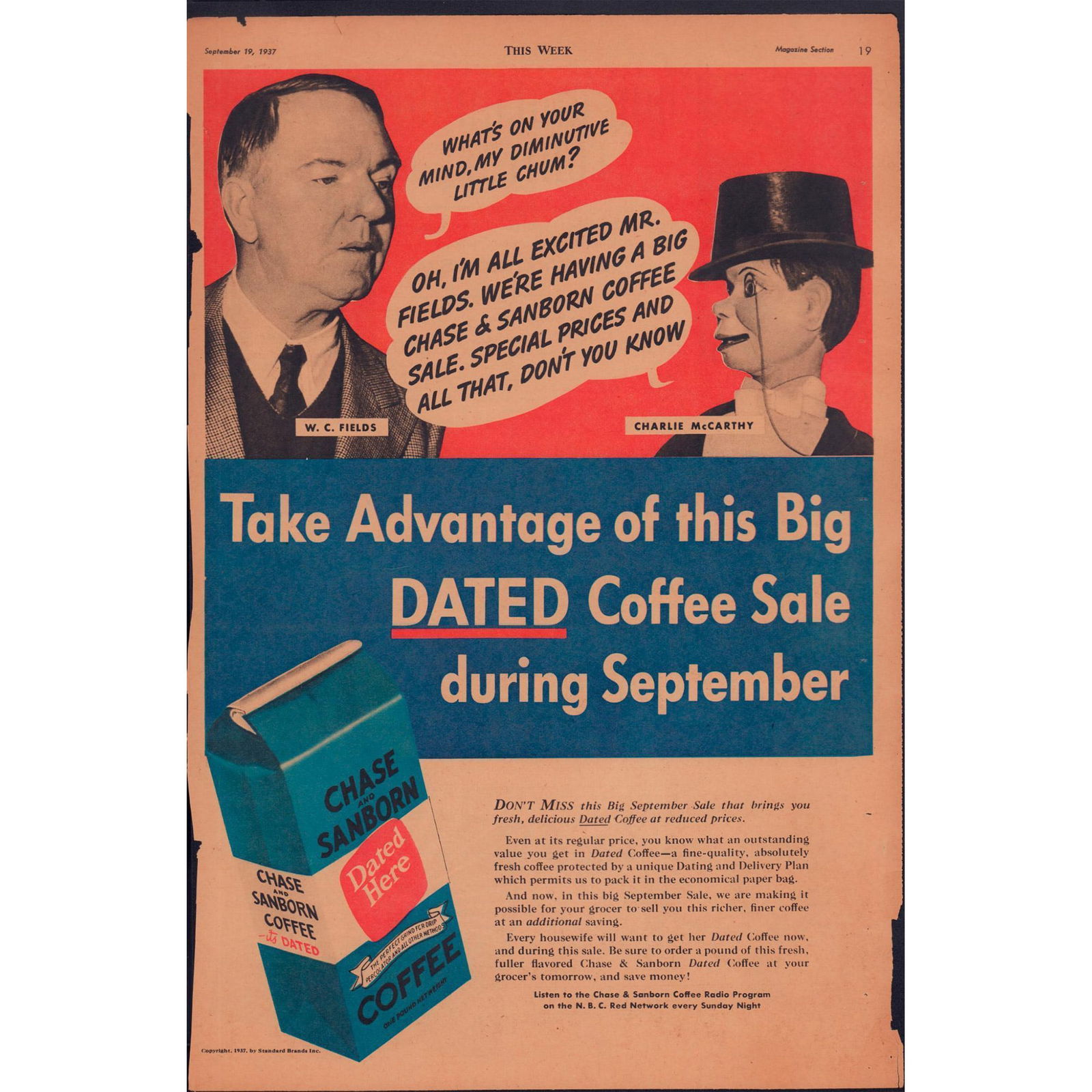 Advertisement Featuring WC Fields and Charlie McCarthy (1 of 2)