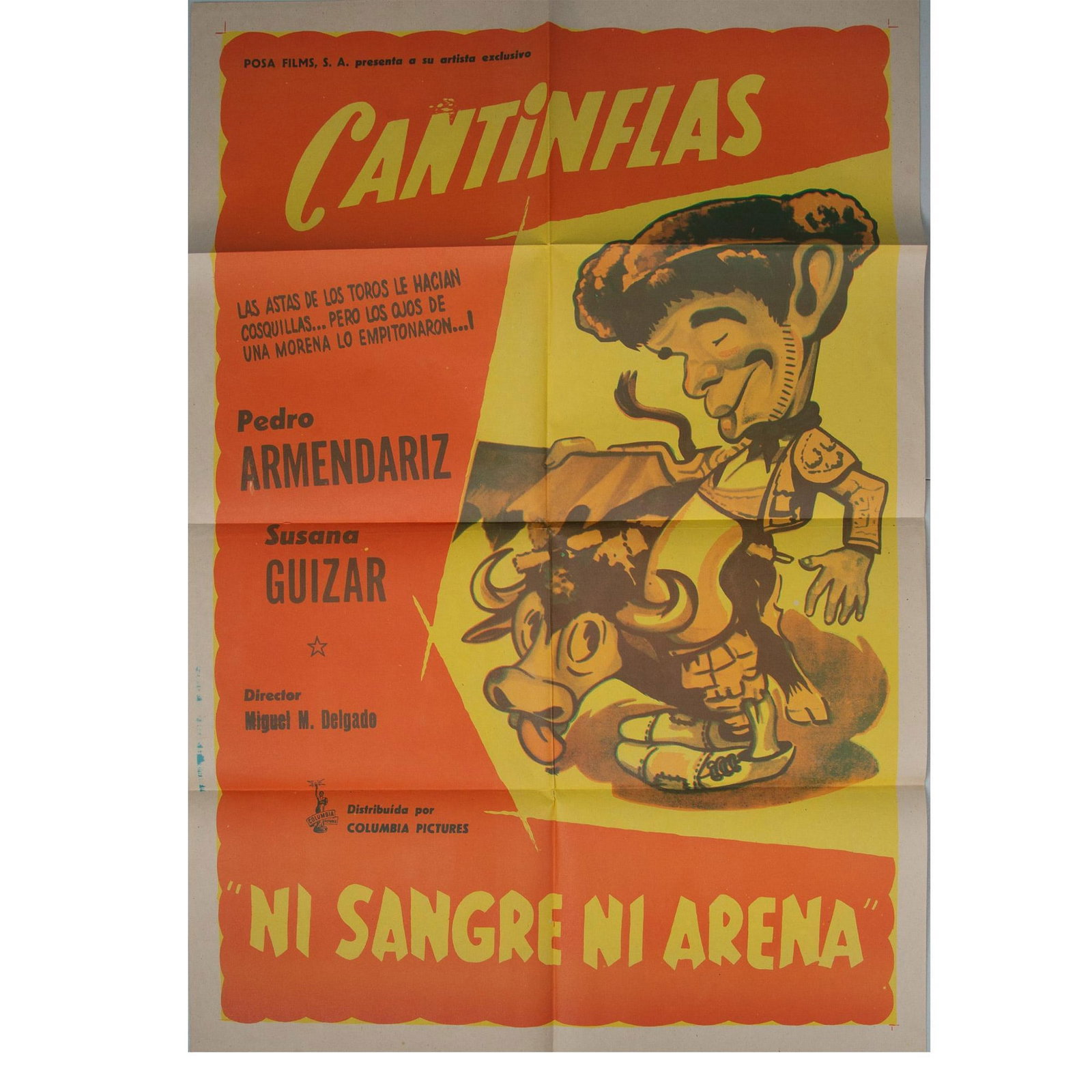 1940s Columbia Pictures Movie Poster, Ni Sangre Ni Arena: An awesome piece of Mexican cinema history featuring the film Ni Sangre Ni Area (Neither Blood, nor Sand). This film launched Mexican actor, comedian, and bullfighter Cantinflas (Mario Moreno) into in