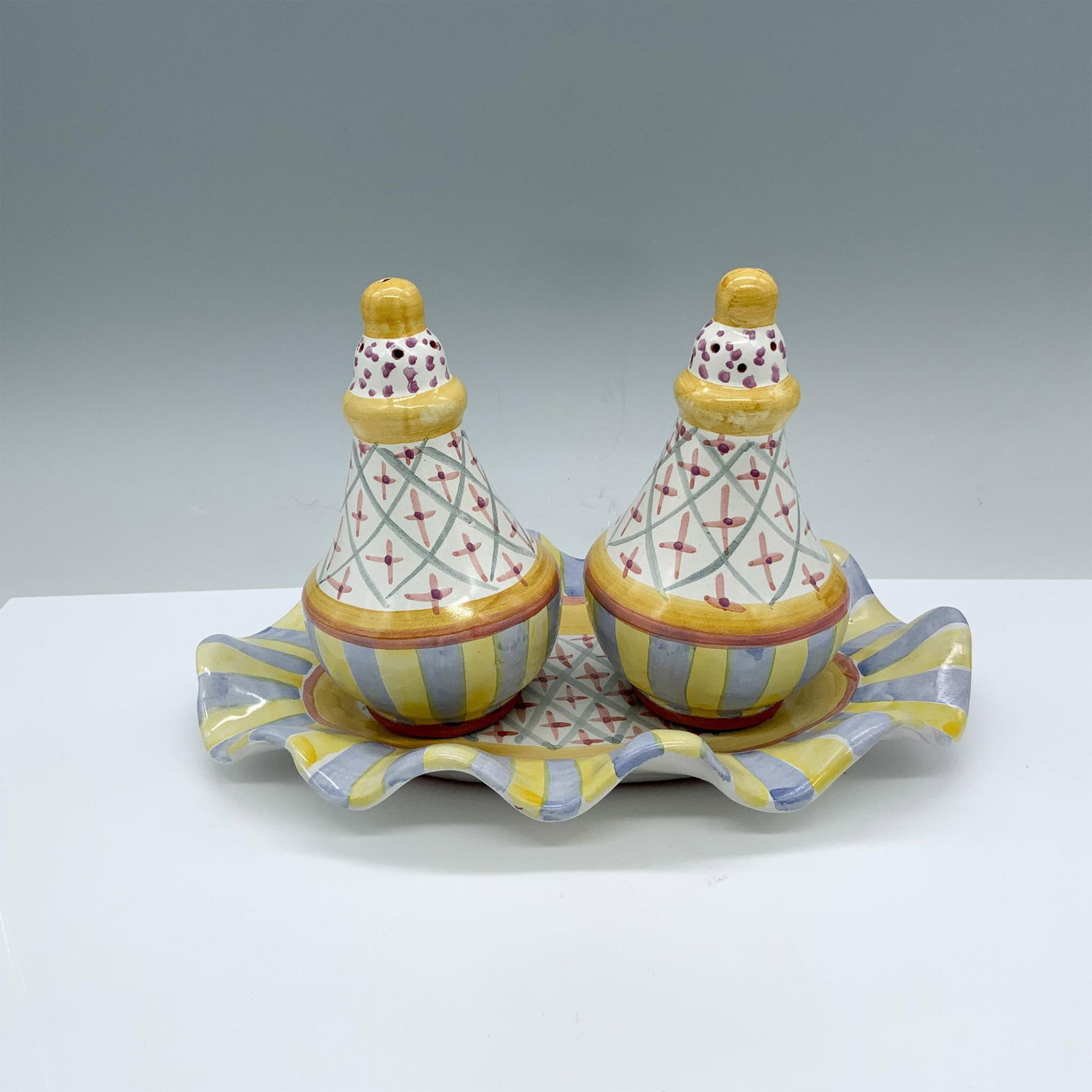 3pc MacKenzie-Childs Ceramic Salt & Pepper Shakers With Tray (1 of 5)