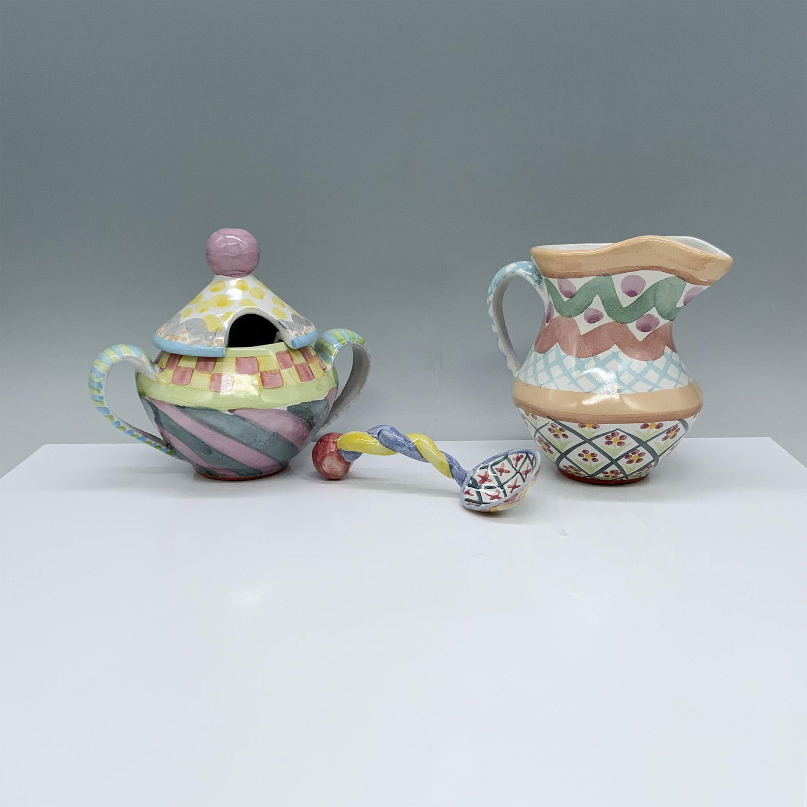 3pc MacKenzie-Childs Ceramic Sugar Bowl, Spoon, and Creamer (1 of 9)